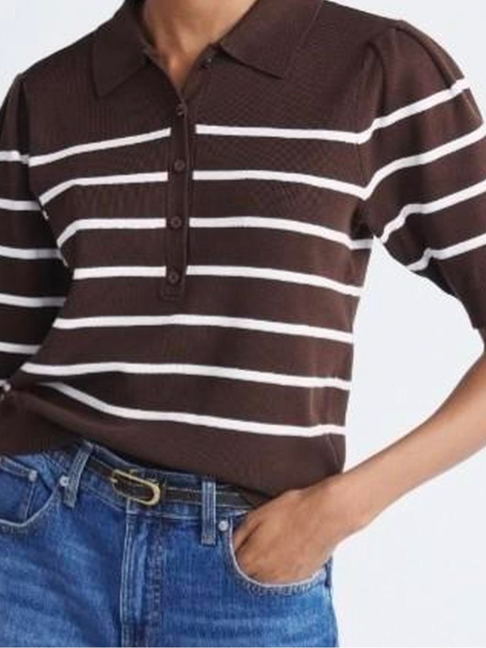 Brown Striped Polo Knit Top - Women